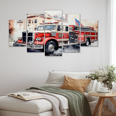 Fire Truck In The Hamptons III - Fireman Canvas Wall Art Set