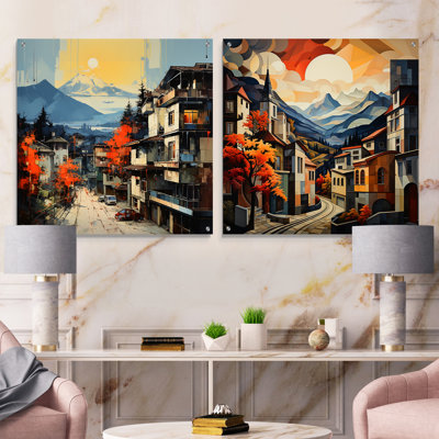 Urban Cityscape Vistas - Ensemble de 2 peintures murales en acrylique