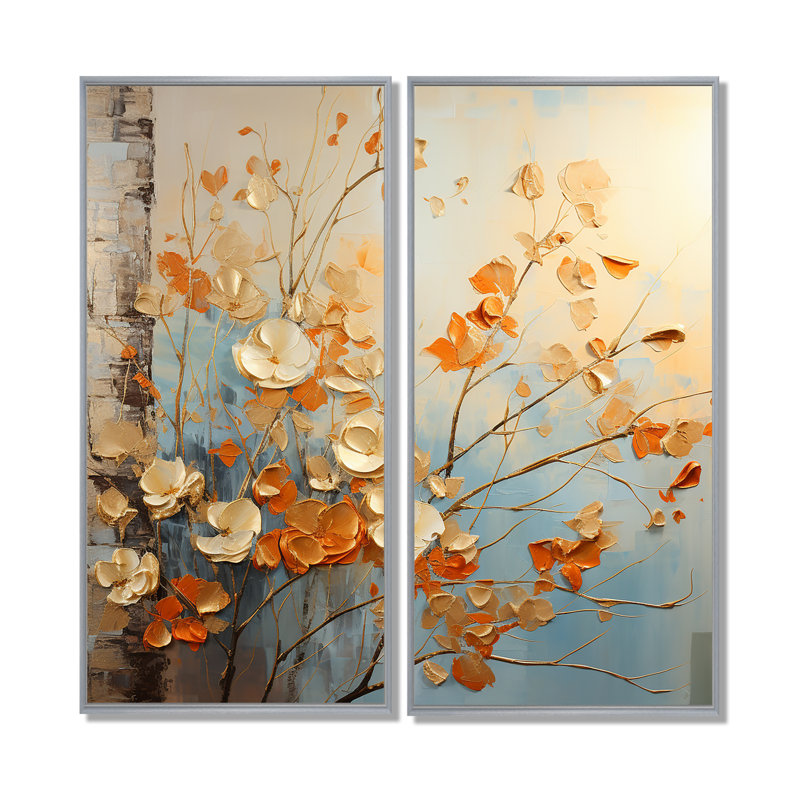 Or et feuilles d'oranges dans la brise II - feuilles, art mural, H 40 po x l 40 po, Impression encadrée flottante