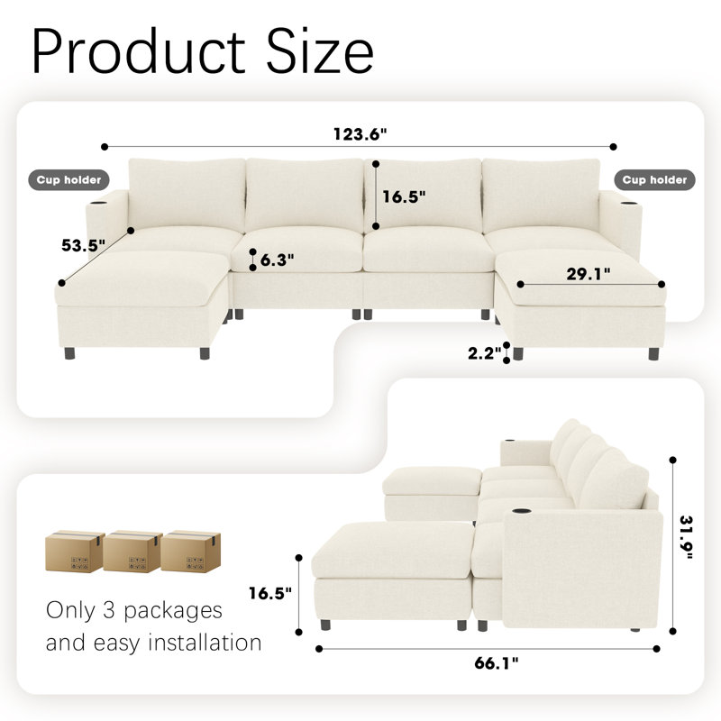 Canapé modulaire en forme de U de 123 po avec rangement et repose-pieds, Beige