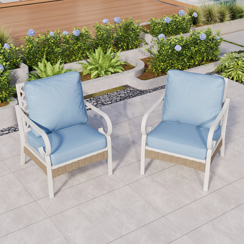 Hepatique Metal Outdoor Lounge Chair & Wicker Decor, Blue Cushion/White Frame