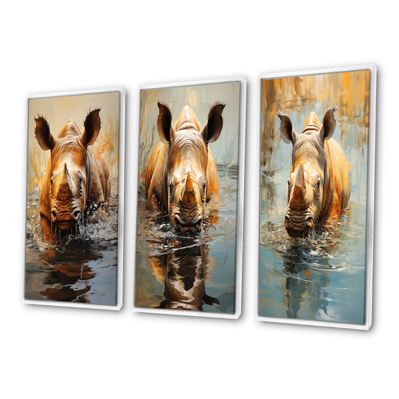 Rhinos Refreshing Dip In Water, Cadre flottant blanc, H 32 po x l 48 po