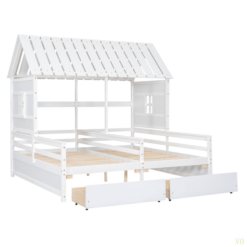 Lit plateforme simple avec deux tiroirs pour lits partagés garçon et fille, combinaison de 2 lits simples côte à côte