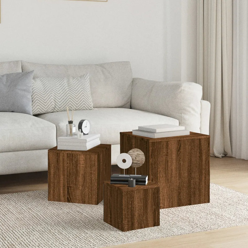 Gobind Block Nesting Tables, Brown Oak, Brown Oak