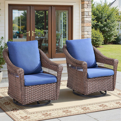 Outdoor Swivel Rocking Wicker Chairs Set Of 2, PE Rattan Patio Glider Chairs With Blue Cushions For Porch Or Backyard