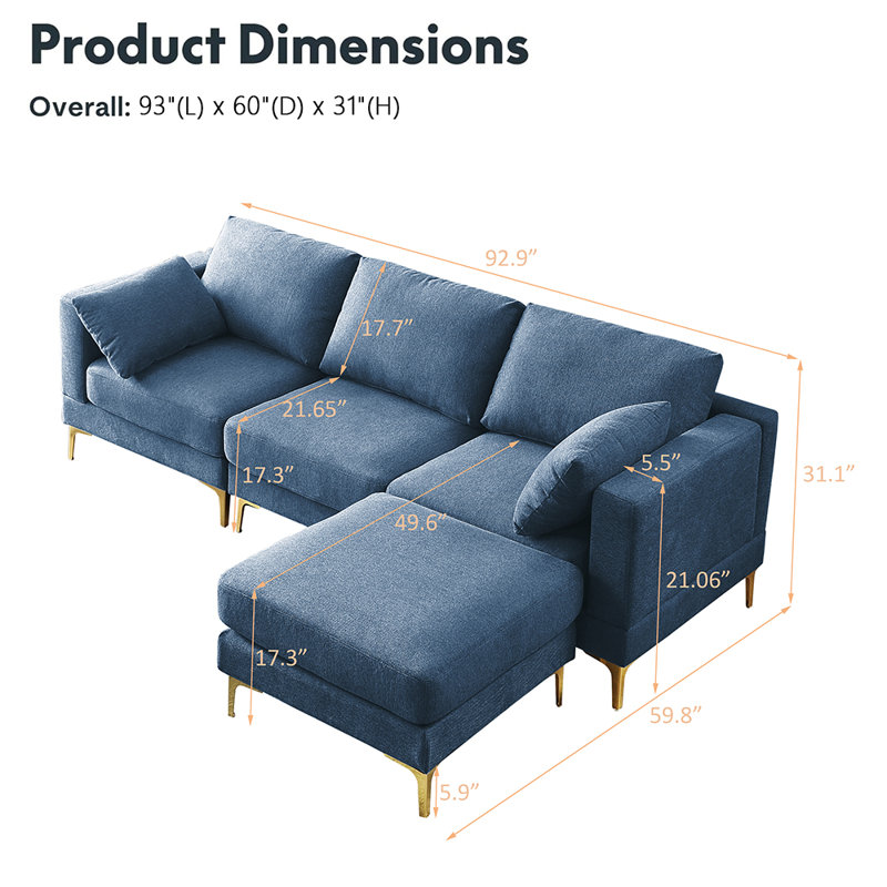Raylean 93" L-Shaped Modular Combination Sectional Sofa with Ottoman, Blue Polyester
