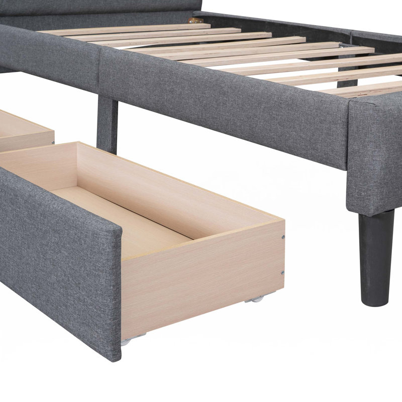 Upholstered Platform Bed With 2 Drawers, Gray