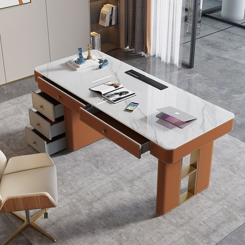 Bureau 5 tiroirs blanc + orange + or fritté rectangulaire + bois manufacturé + acier inoxydable, Retour à gauche