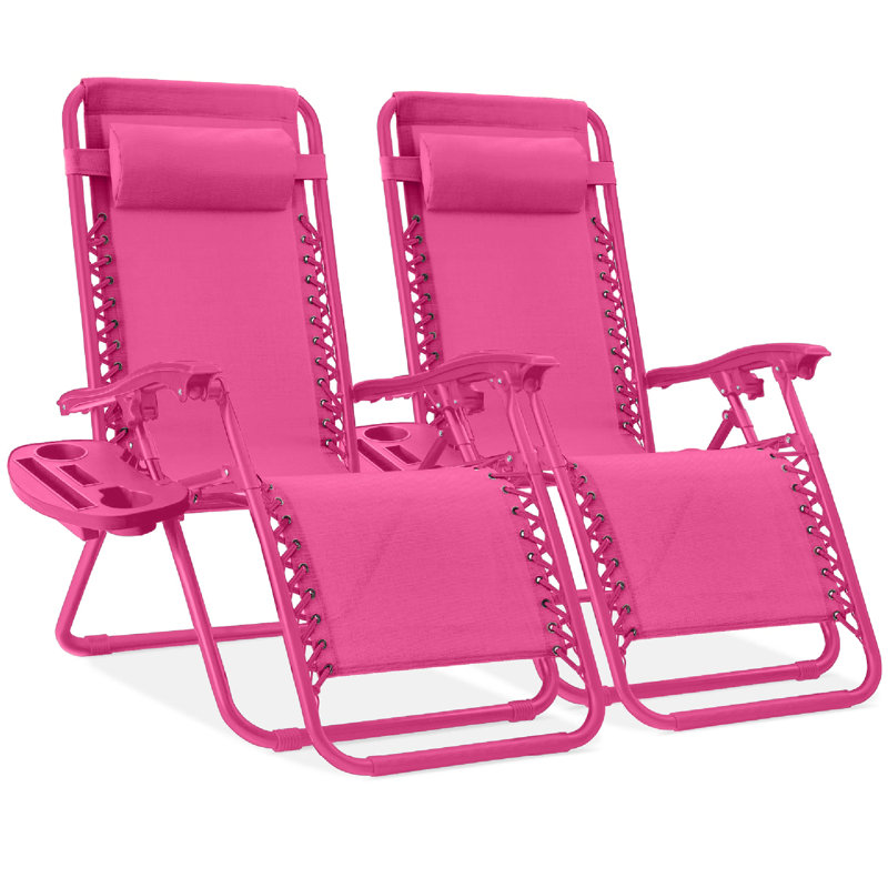  Set Of 2 Zero Gravity Lounge Chair Recliners For Patio, Pool W/ Cup Holder Tray - Hot Pink, Hot Pink, Hot Pink