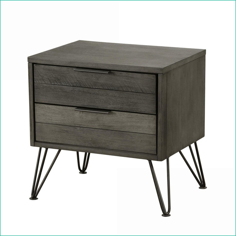 Table de chevet moderne à 2 tiroirs grise avec placage d'acacia Pieds en métal