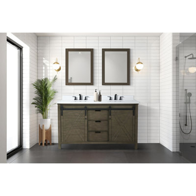 Meuble-lavabo double rustique brun, mécanisme de fermeture en douceur pour les armoires, deux trois tiroirs et une tablette ouverte, contreplaqué en bois massif E0, pré-assemblé avec installation facile, brun, fermeture
