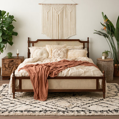 Vintage Solid Pine Wood Platform Bed with Rattan Headboard and Footboard, Under-Bed Storage