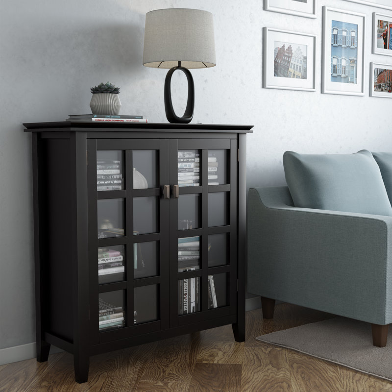 Simpli Home Artisan 38"W Solid Wood 4-Shelf Medium Storage Cabinet with Glass Doors and Adjustable Shelves