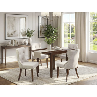 5 Piece Kitchen Table Set for 4 Includes a Rectangle Dining Room Table with Dropleaf and 4 Doeskin Linen Fabric Parsons Chairs, Mahogany