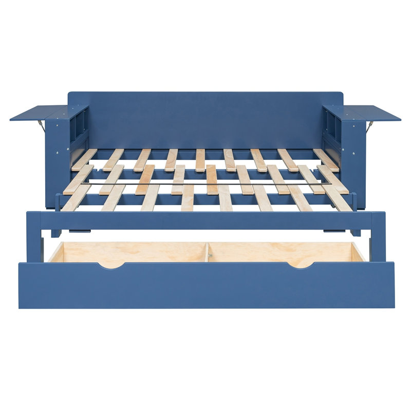 Grand lit de jour avec bureau amovible, tiroirs de rangement et table d'appoint hydraulique, bleu