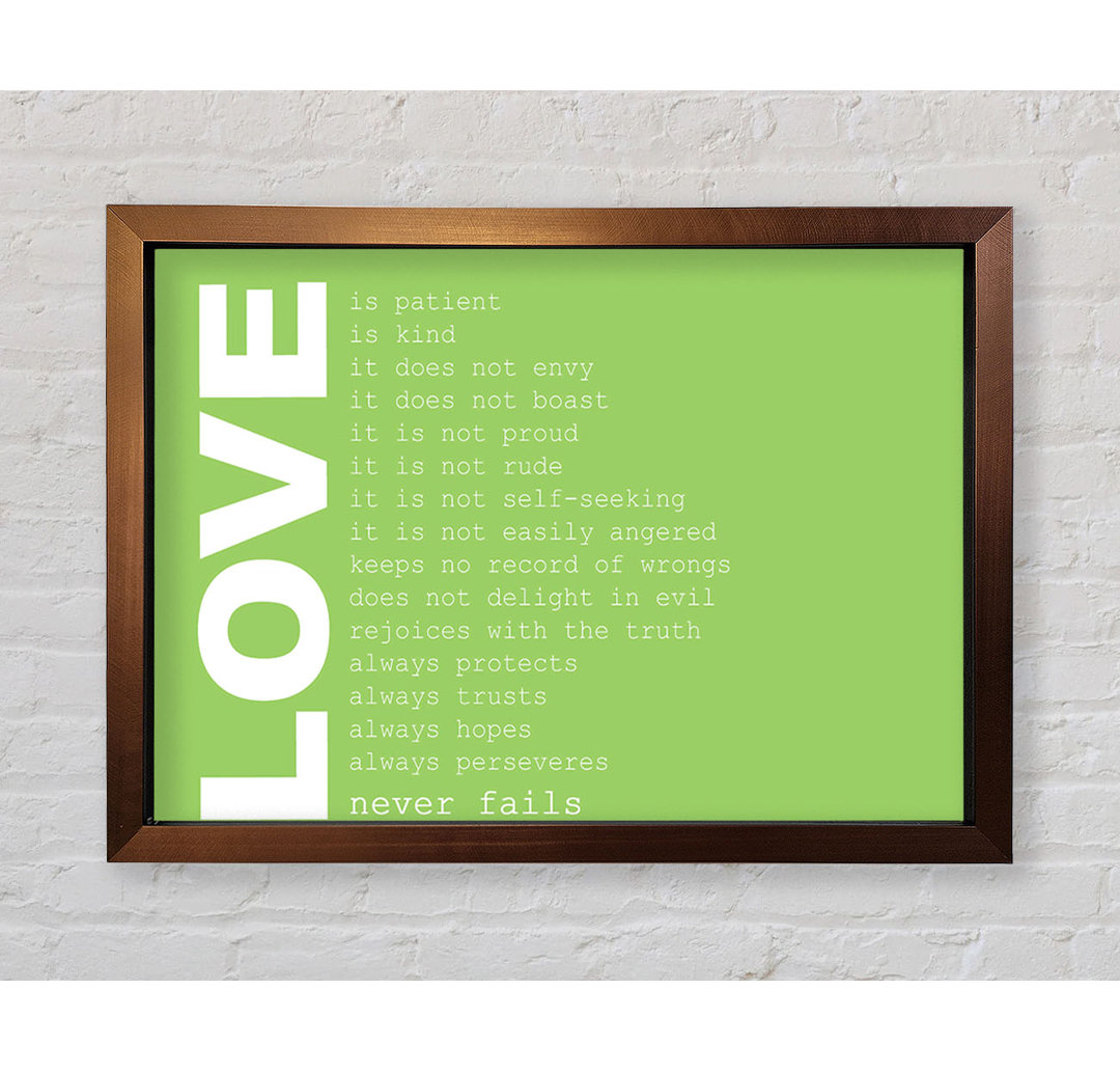 Loyalton Love Quote Love Never Fails Lime Green Gerahmter Druck Wandkunst