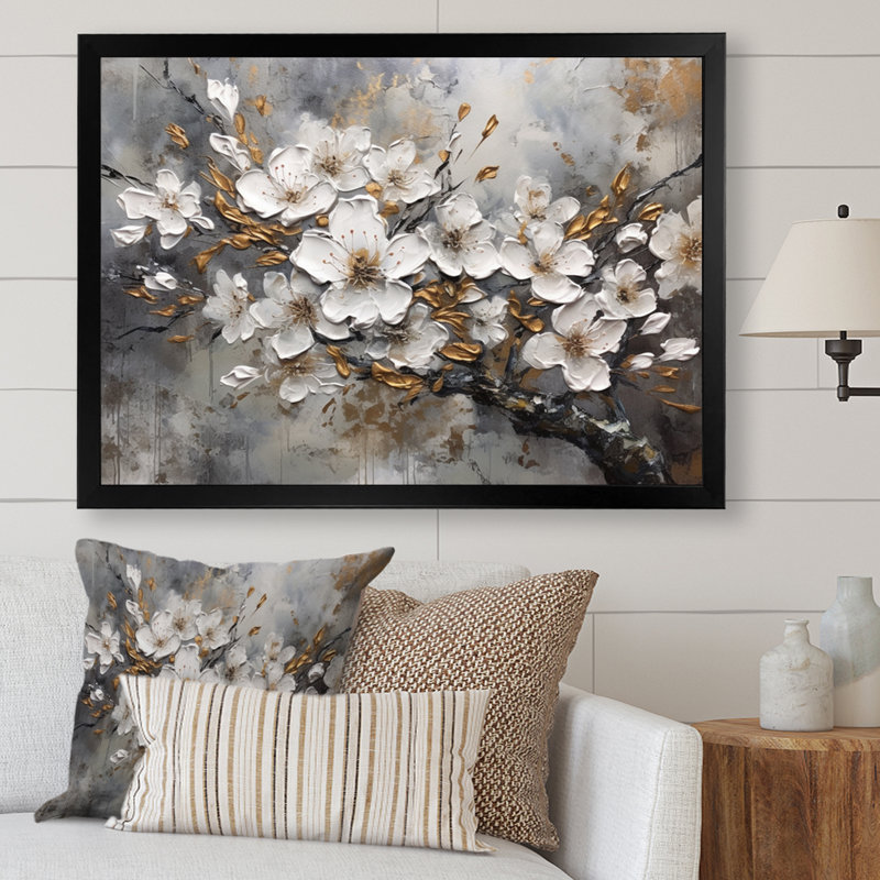 Harmonie I de cerisier blanc et gris - art mural floral pour le salon, H 30 po x l 40 po x P 1,5 po, Cadre simple noir