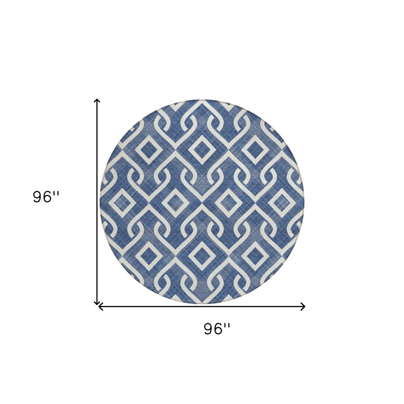Tapis d'intérieur rond lavable géométrique 8 pi bleu marine et ivoire