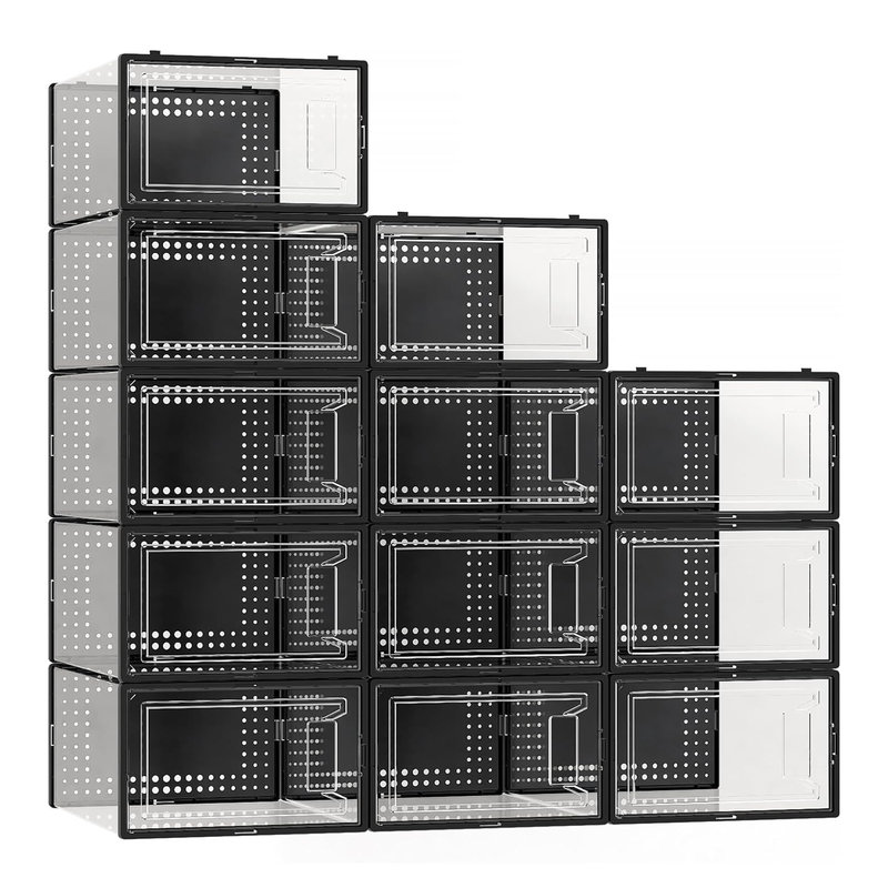 12 Pack Large Shoe Organizer Storage Boxes,Shoe Boxes Clear Stackable Display Case with Lids, Black