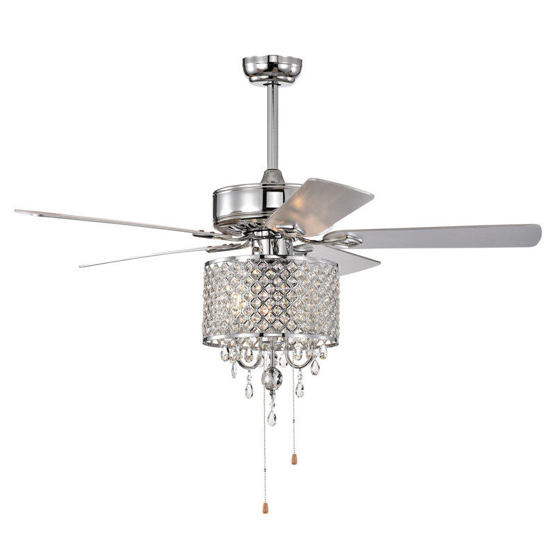 Chaîne de 52 po pour ventilateur de plafond en cristal classique avec chaîne à 3 vitesses (haute, moyenne, basse), 5 pales réversibles pour le salon, la salle à manger, la chambre à coucher, la salle familiale, chrome, 3PCS * E12 (sans ampoule inclu
