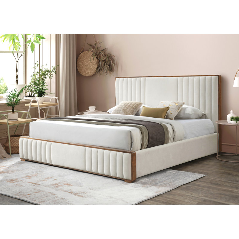 Lit EK en chenille et noyer, Beige/Walnut