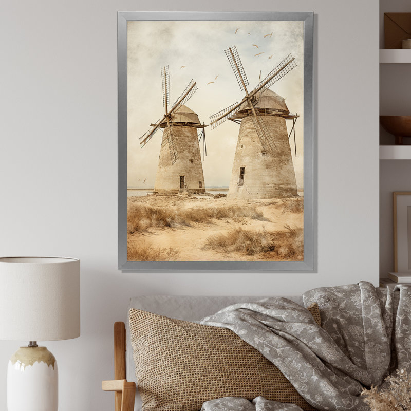 «Vintage Windmill View sépia I - Wind Turbines», art mural, Cadre simple argenté, H 32 po x l 16 po x P 1 po