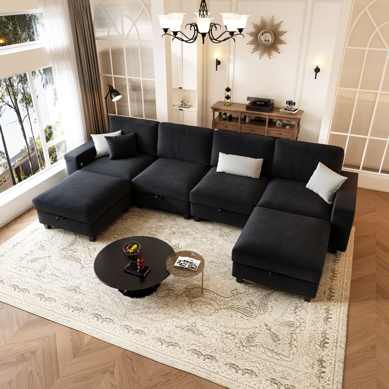 Canapé modulaire de 132 po avec repose-pieds, Mélange de lin noir