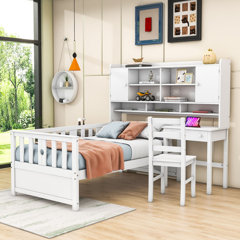 Twin Wood Platform Bed with Bookshelf, Chair, Desk and Drawer, White