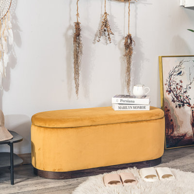 Banc de rangement en velours jaune moutarde et bois Tena