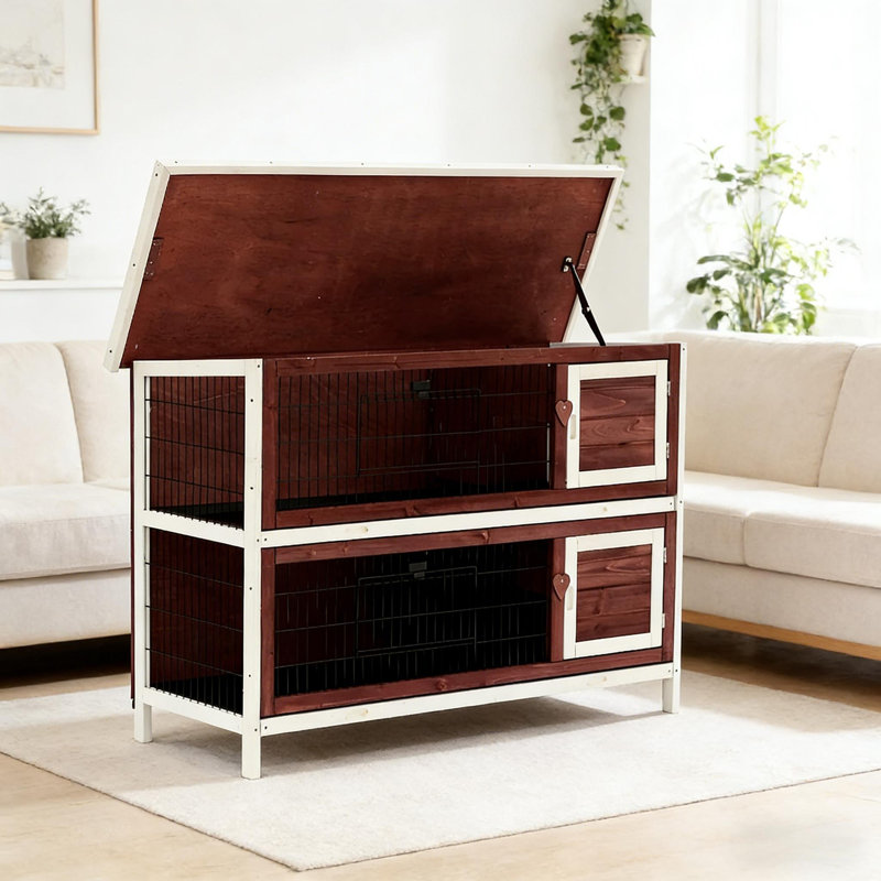 Cage à lapin durable, acier et bois, style maison de campagne, conception peu encombrante