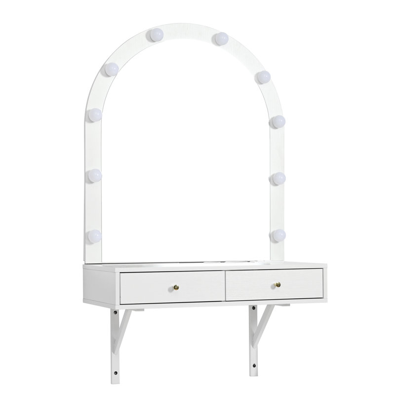 Floating Makeup Vanity Desk With Mirror & 3-Color Lights, Wall Dressing Table With Power Outlet, Compact Vanity, Large Storage