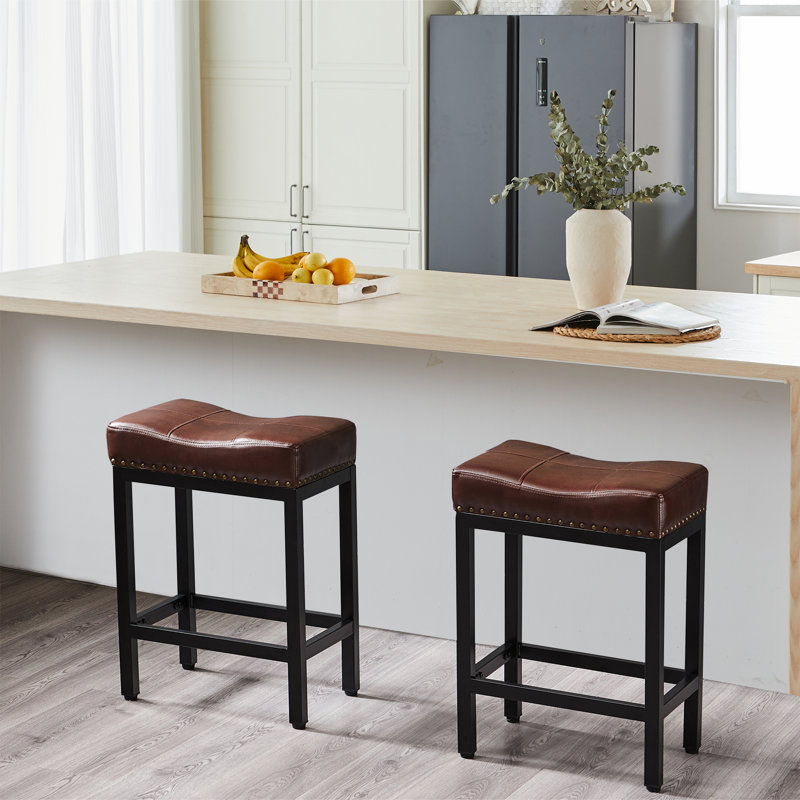 Cathern Upholstered Counter Stool with Metal Frame, Brown, Black