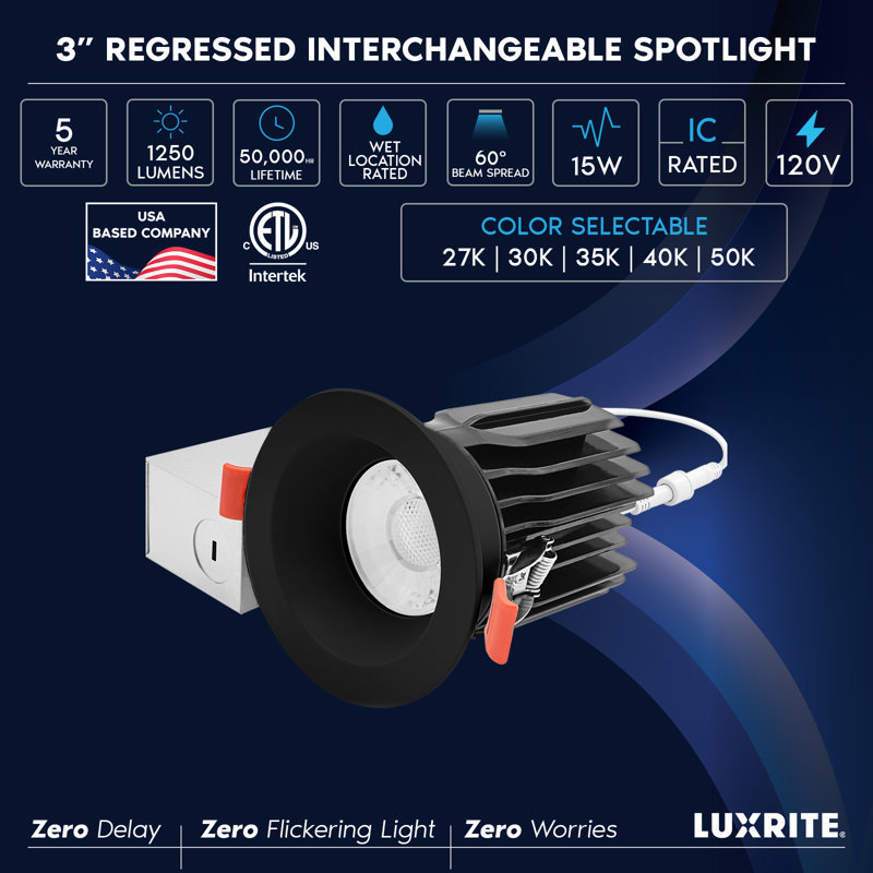 LuxRITE 3 po Projecteur à DEL sans cadre régressé + garniture ronde noire, 5CCT, 15W, 1250LM, CRI90, faisceau à intensité variable à 60 ° Twist N 'Lock et certifié humide, paquet de 4 ETL