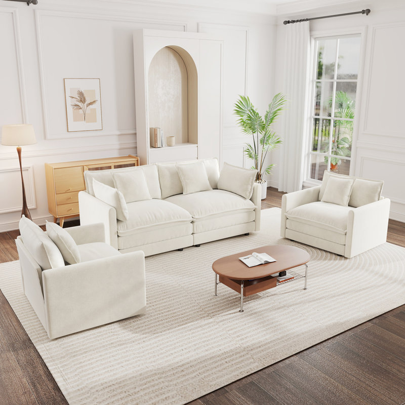 Ensemble de sofa moderne 3 pièces avec coussins d'accoudoirs et coussins décoratifs. Cet ensemble comprend 2 fauteuils et un sofa deux places. Économisez de l'espace et un style décontracté, idéal pour le salon, le bureau, le salon ou l'hôtel.