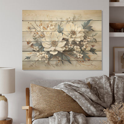Seasonal Flowers Charm In Winter I - Seasonal Flowers Wood Art On Natural Pine Wood