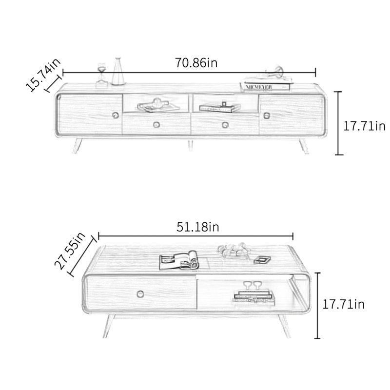 Combinaison meuble télé et table basse de style rétro
