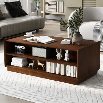 Rectangle Coffee Table With 4 Drawers And 2 Display Shelves, 47.2" Wood Coffee Table With Fluted Style, Tempered Glass For Living Room