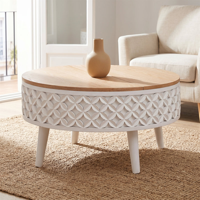 Table basse ronde avec rangement, plateau relevable, décor sculpté blanc, table décorative en bois robuste, style champêtre moderne bohémien
