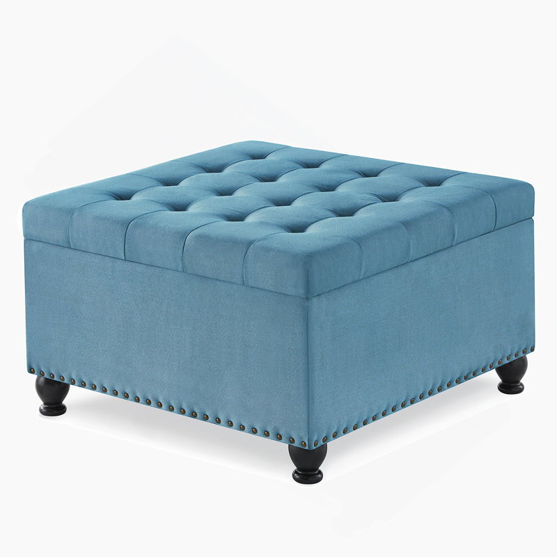 Square Tufted Upholstered Linen Ottoman, Light Blue