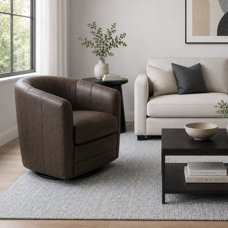 Fauteuil pivotant en cuir véritable de 45,7 cm de large avec dossier à coutures en canal, Brun