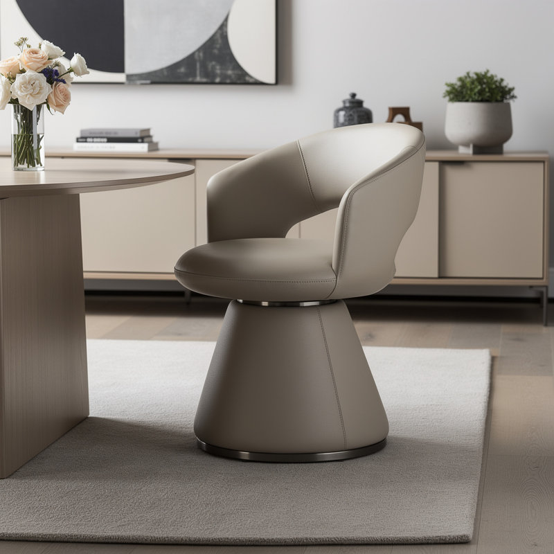Chaise de salle à manger pivotante grise en faux cuir et acier à dossier ouvert