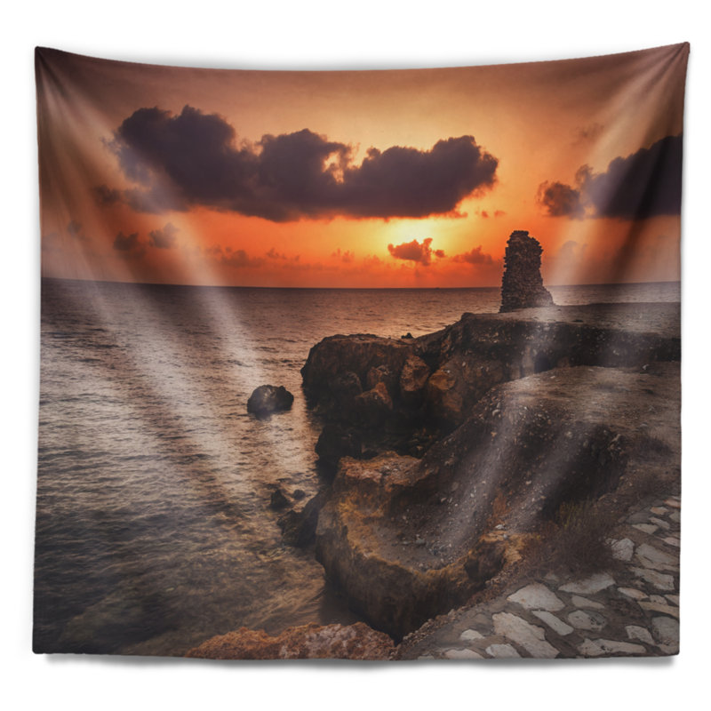 Tapisserie sur la plage avec ruines antiques, H 32 po x l 39 po