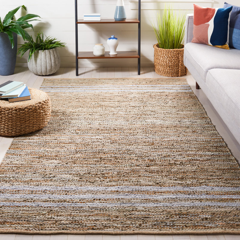 Tapis blanc / beige en cuir / coton tissé à la main Riem, Rectangle 5 pi x 8 pi
