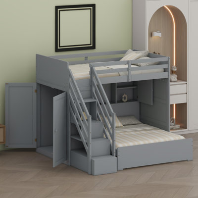 All-in-One Bunk Bed with Integrated Storage Stairs, Built-in Wardrobe, USB Charging Ports, and Ambient Lighting