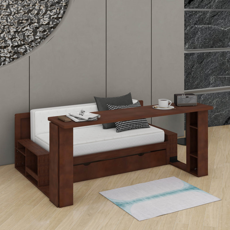 Grand lit de jour avec bureau, tiroirs de rangement et table d'appoint hydraulique, Espresso, Grand lit