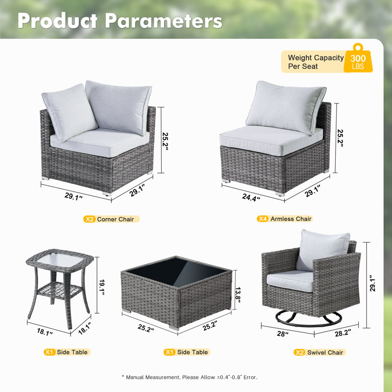 Rebbecca 8 - Person Patio Furniture Set with Swivel Rocker, Outdoor Wicker Rattan Sectional Seating Group with Cushions, All Weather Sofa Conversation Set with Fire Pit Table for Garden Backyard