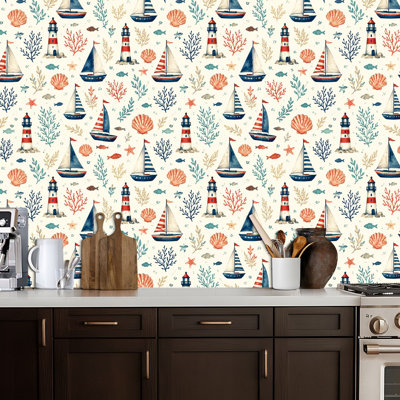 Papier peint adhésif autocollant Phares nautiques Voiliers, océan, plage, coquille de poisson, papier peint, adhésif amovible, décoration murale pour armoires de cuisine de chambre à coucher 17,7 po x 118 po