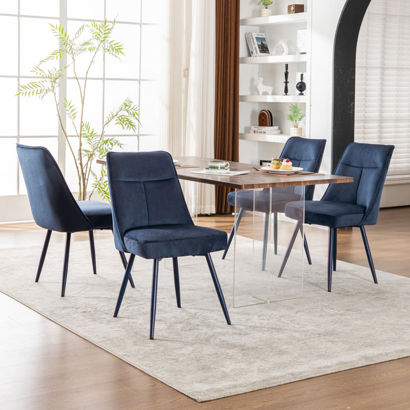 Modern Chenille Upholstered Dining Chairs Armless Side Chairs With Metal Frame For Kitchen Dining Room, 4, Blue