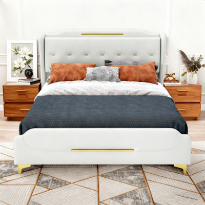 Wingback Queen Bed In Leather, PU Upholstery With Solid Wood Slats