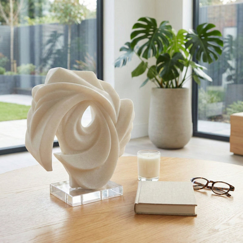 Sculpture moderne en résine avec tourbillon et base en verre pour décoration intérieure - Accent décoratif pour la décoration de salon - 15 po, blanc et transparent